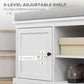 White cabinet door view of shoe storage bench with adjustable shelf inside