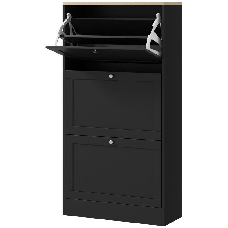 Black shoe storage cabinet with two front drawers and open flip shelf compartments