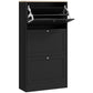 Black shoe storage cabinet with open flip drawers and adjustable interior shelves