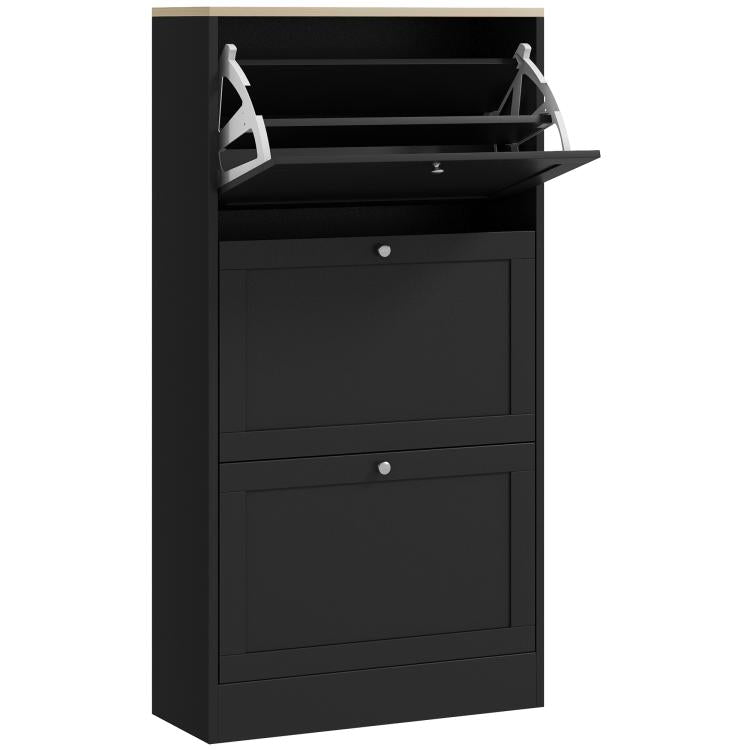 Black shoe storage cabinet with open flip drawers and adjustable interior shelves
