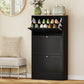 Black shoe storage cabinet with open flip top shelf and two drawer-style storage doors