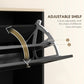 Adjustable shoe cabinet flip shelf with divider supports and angled stop arms