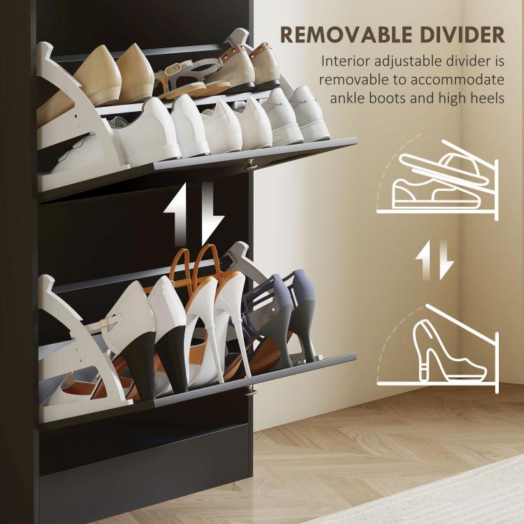 Shoe storage cabinet with removable divider insert for boots and high heels
