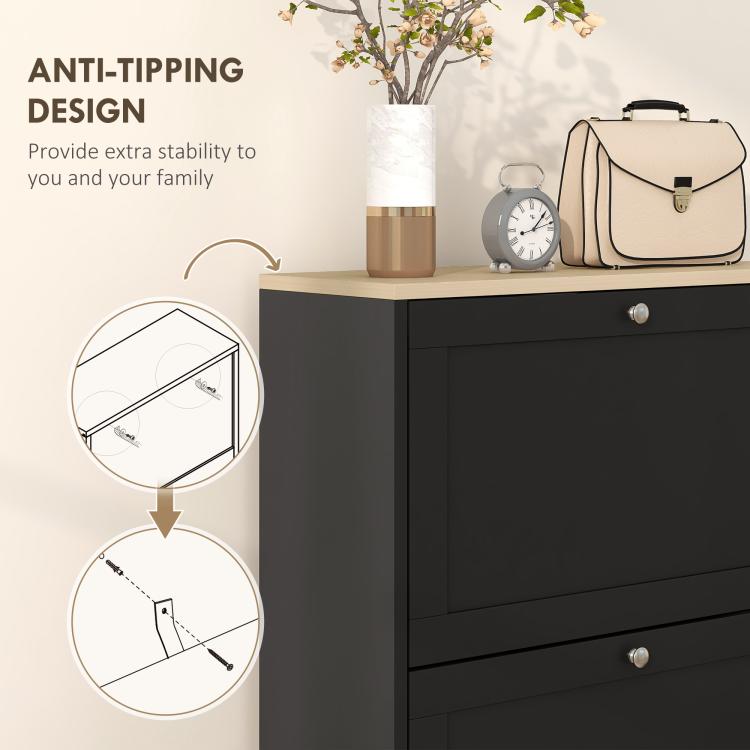 Black shoe storage cabinet with anti-tipping base and two stacked drawer fronts