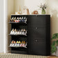 Black shoe storage cabinet with open flip shelves and three drawer-style storage doors