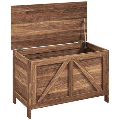 Lift-top storage chest with X-brace front panels in brown wood grain, raised legs