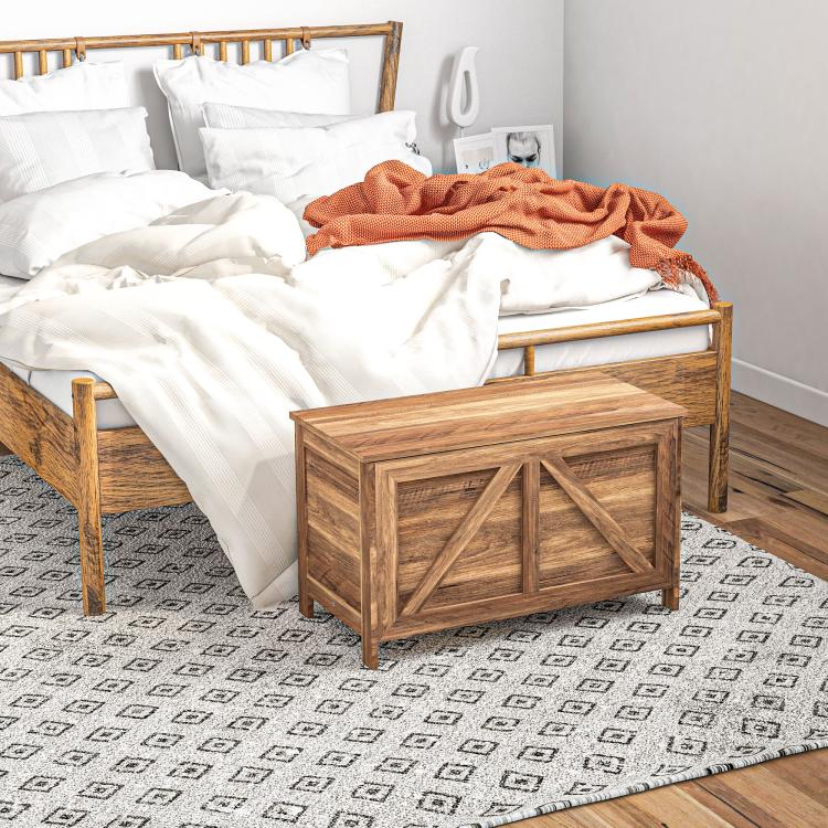 Farmhouse lift-top storage chest, wood-grain finish, closed lid