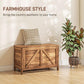 Farmhouse-style lift-top storage chest with X-brace front panel in brown wood grain