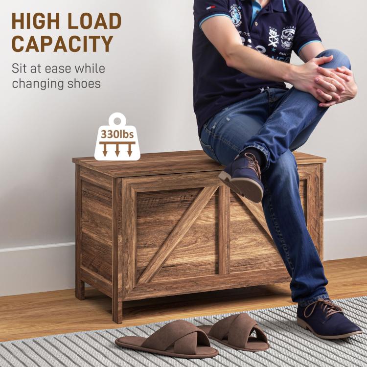 Brown wood lift-top storage chest, reinforced front panel used as seating, heavy-duty build