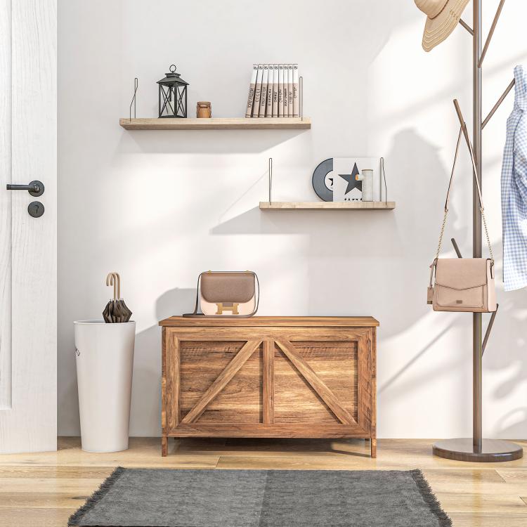 Brown wood lift-top storage chest with X-brace front panel and hinged lid, farmhouse style