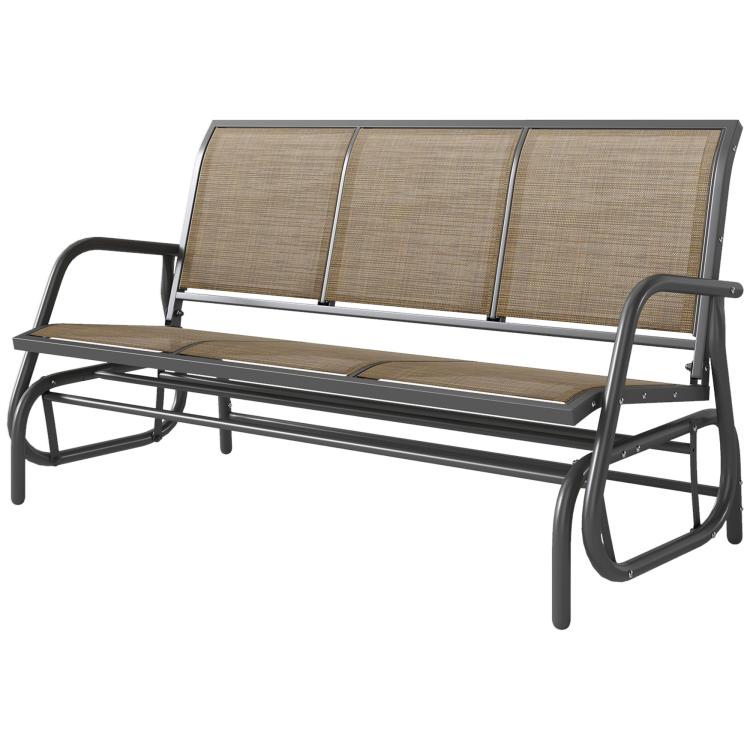 Outdoor 3-seat glider swing bench with curved armrests and brown mesh back on metal