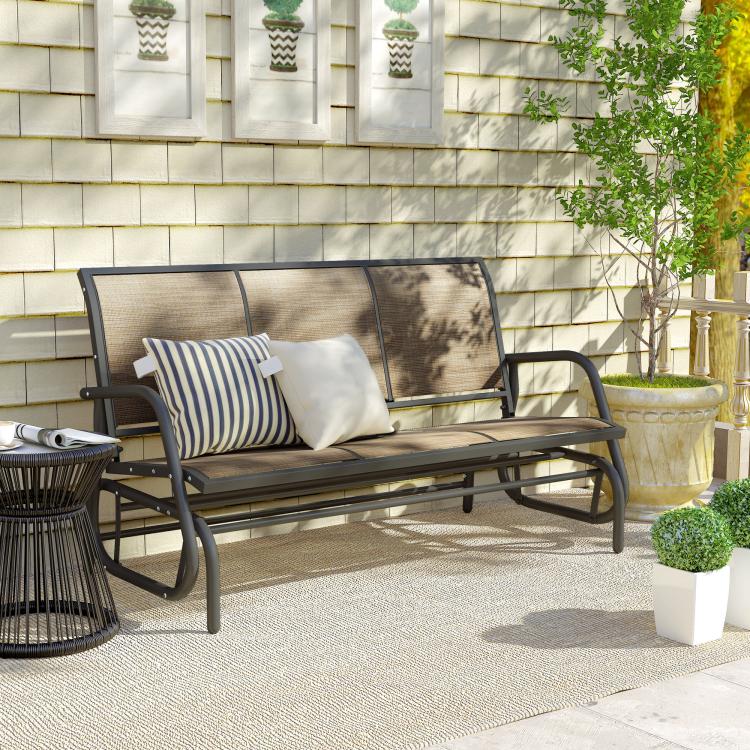 Outdoor patio glider bench with dark brown metal frame, breathable mesh back and seat, 3-seat