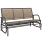 3-seat outdoor glider bench with dark metal frame and tan breathable mesh panels