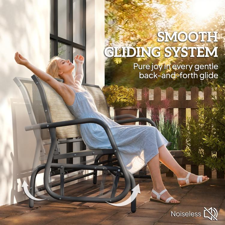 Porch glider bench with smooth back-and-forth rocking motion, brown mesh seat and frame