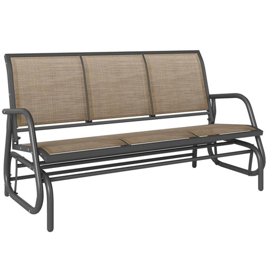 3-seat patio glider bench with mesh back and brown cushioned seat on dark metal frame