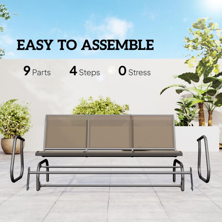 3-seat glider bench with brown mesh back and dark metal frame on patio