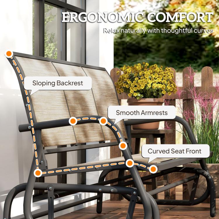 Ergonomic glider bench design with sloping backrest, smooth armrests, curved seat front