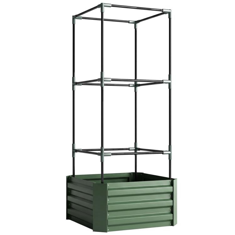 Green raised garden bed with black metal tomato cage frame