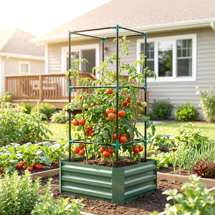 Green raised garden bed with tomato trellis beside home garden plants