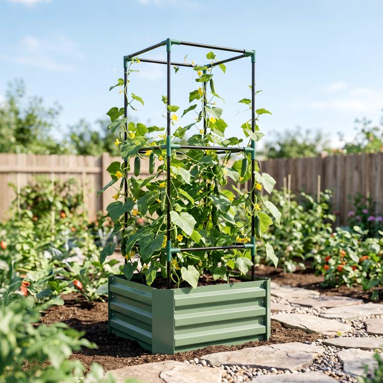 Green raised garden bed with tall trellis and climbing vine plants outdoors