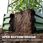 Close-up of open-bottom raised planter filled with soil, green side panels