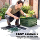 Green raised garden bed panel with assembly parts and connectors on patio