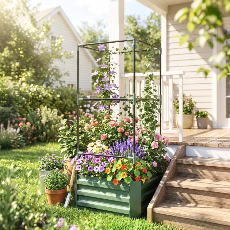 Green raised planter with trellis frame holding blooming flowers on deck garden