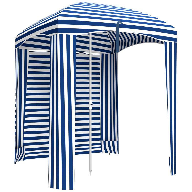 Blue-and-white striped cabana umbrella with attached wall panels and open entrance