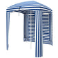 Blue-and-white striped cabana umbrella with side wall panels and vented window area