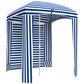 Blue and white striped cabana umbrella with side walls and open entrance