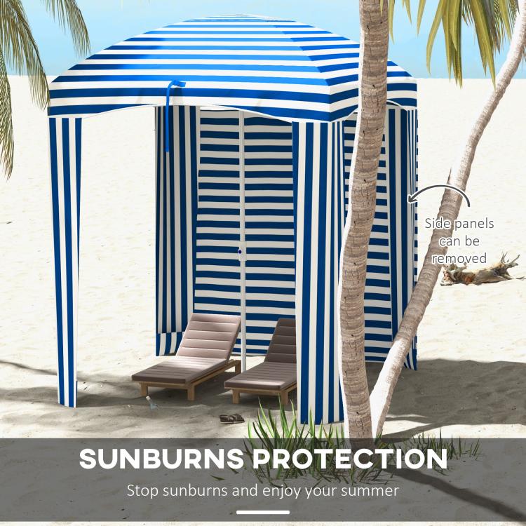 Blue-and-white striped cabana umbrella with open walls and canopy over seating