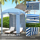 Blue-and-white striped cabana umbrella with vented window panels and wall sections