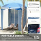 Blue-and-white striped cabana umbrella with canopy, walls, and two-door opening