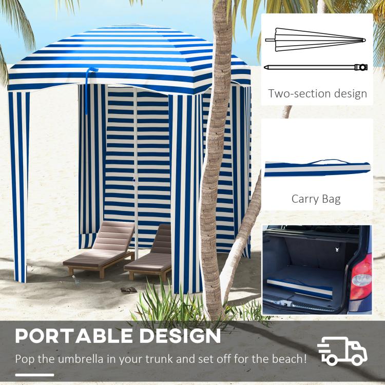 Blue-and-white striped cabana umbrella with canopy, walls, and two-door opening