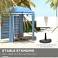 Blue-and-white striped cabana umbrella with pointed ground stakes and open side
