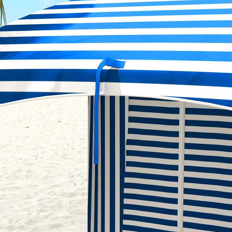 Blue-and-white striped cabana umbrella side panel with blue support frame and canopy edge