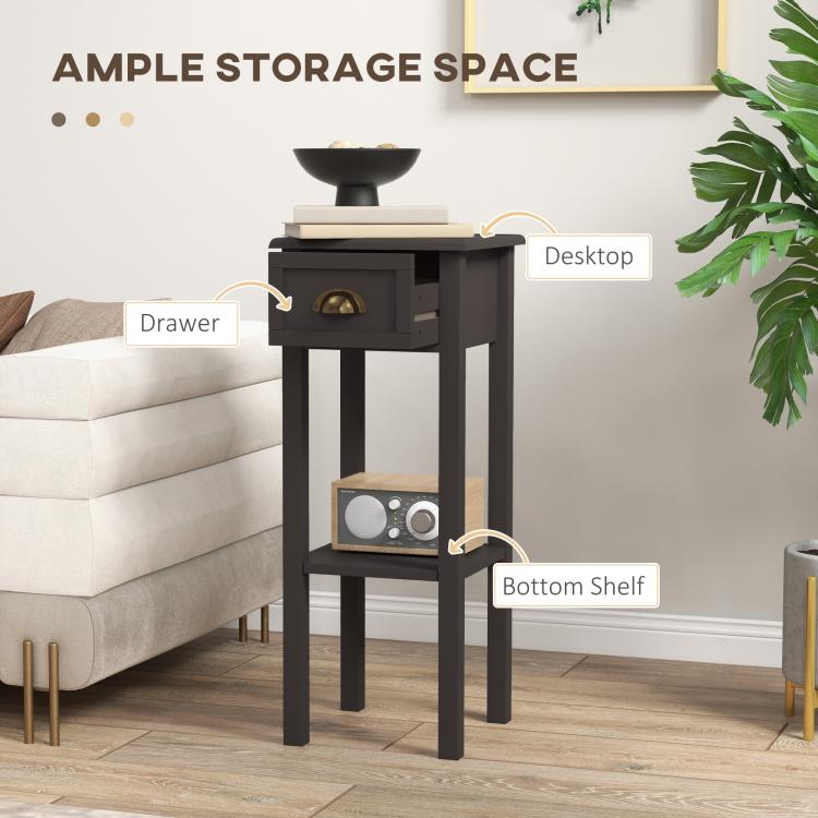 Charcoal side table with drawer and open bottom shelf for storage