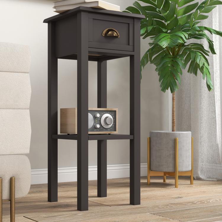 Charcoal 2-tier end table with drawer and open shelf with decorative items