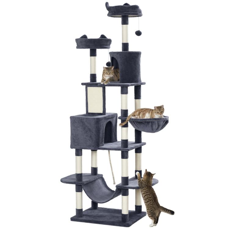 Gray cat tree with multiple perches, condos, and padded steps on posts