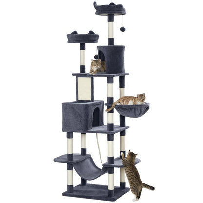 Gray cat tree with multiple perches, condos, and padded steps on posts