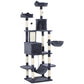 Gray multi-level cat tree with scratching posts, cubby condo, and hammock
