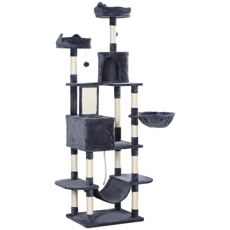 Gray multi-level cat tree with scratching posts, cubby condo, and hammock