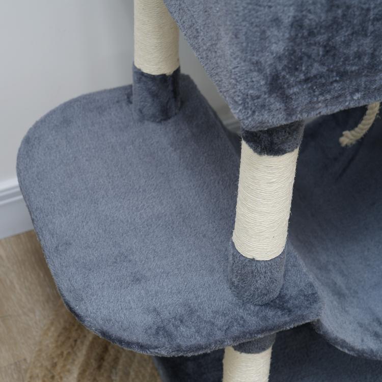 Gray cat tree with round perch and wrapped scratching posts
