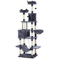 Gray cat tree with multiple condos, perches, and hanging hammock