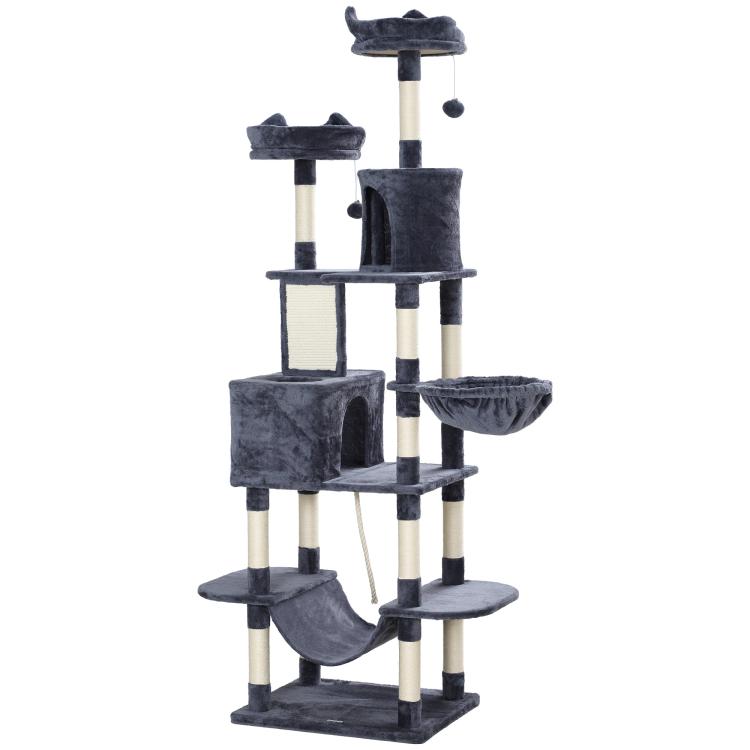 Gray cat tree with multiple condos, perches, and hanging hammock