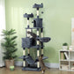 Gray cat tower with platforms, enclosed condo, and hammock for cats