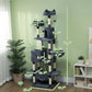 Gray cat tree with labeled dimensions and platforms for multiple cats