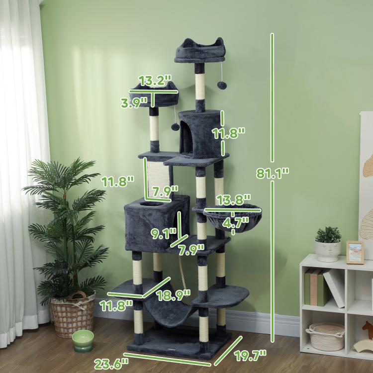 Gray cat tree with labeled dimensions and platforms for multiple cats