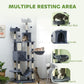 Gray cat tree highlighting cat bed, condo, hammock, and perch areas