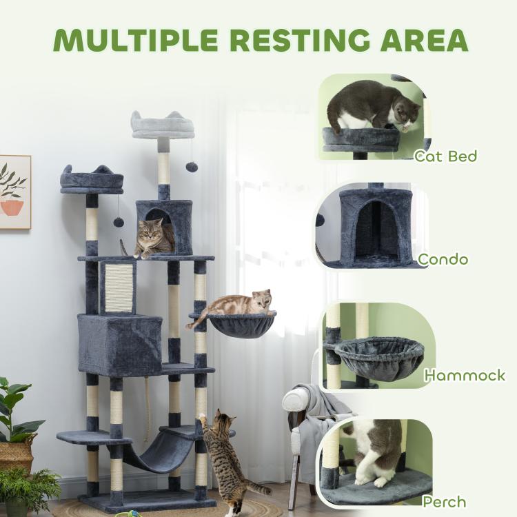 Gray cat tree highlighting cat bed, condo, hammock, and perch areas